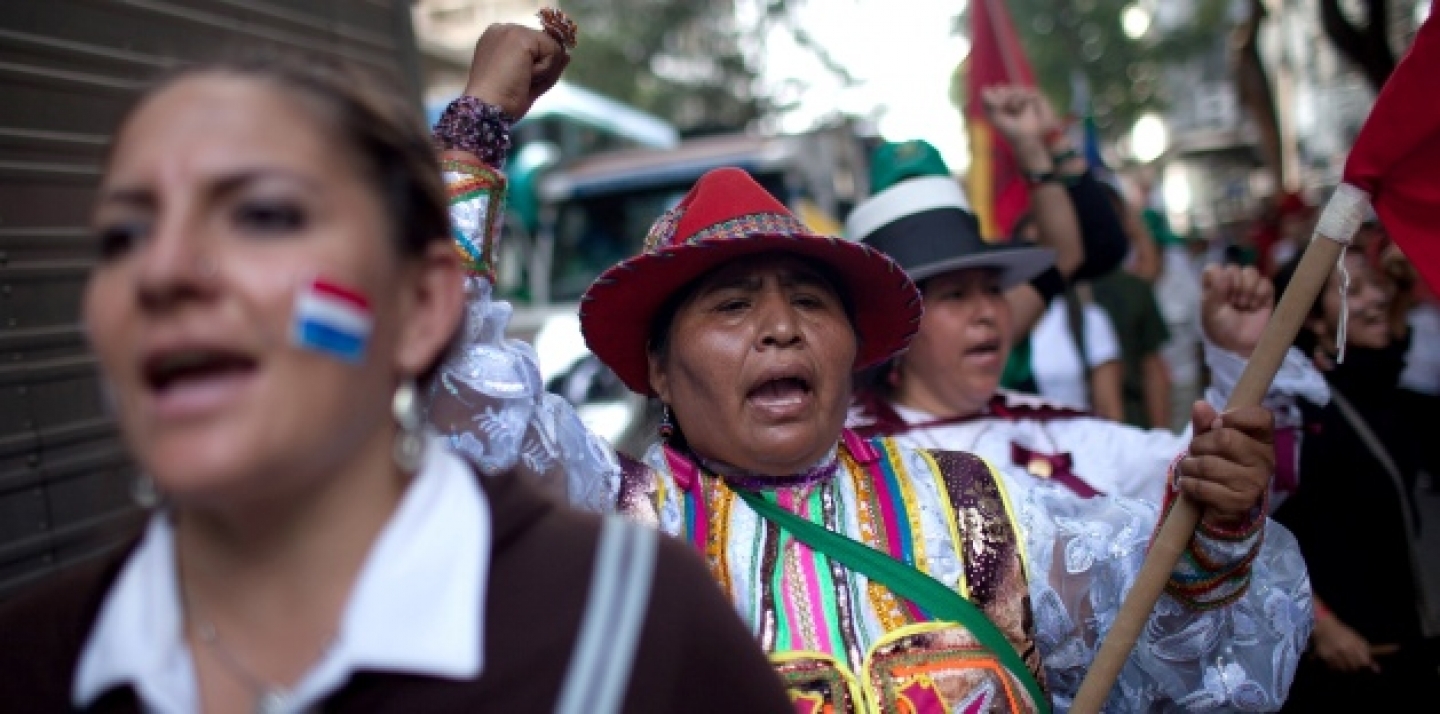 People from various nations march at a protest defending small-scale sustainable agriculture during Rio+20 (AP Photo/Felipe Dana).