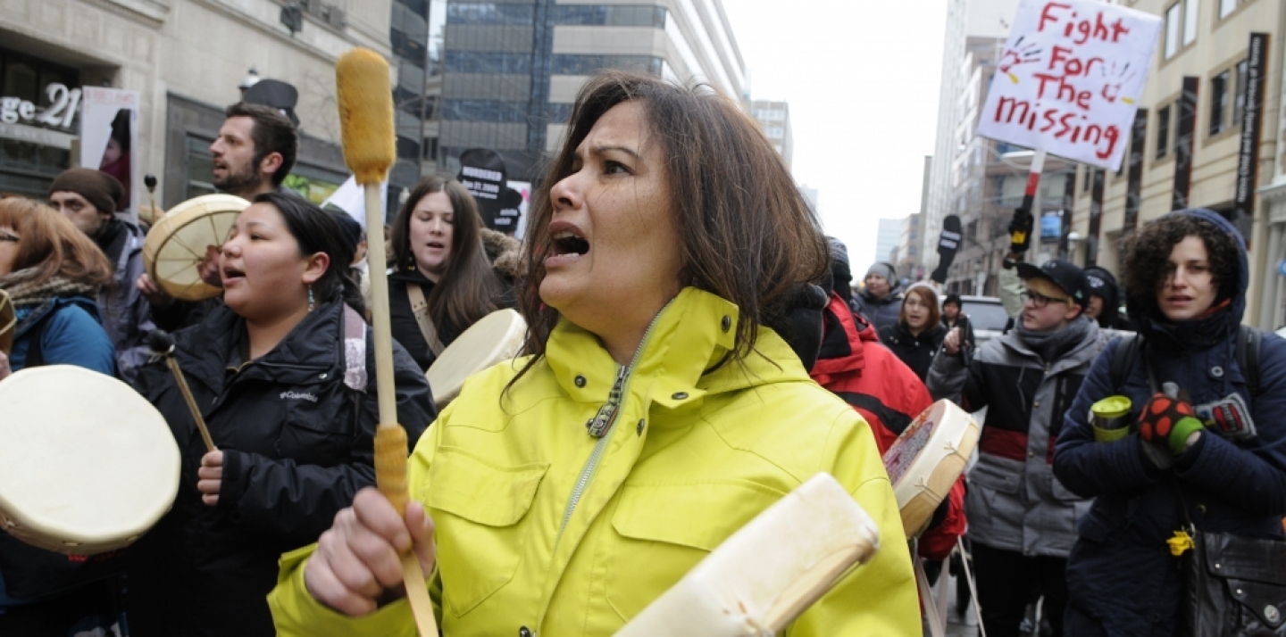 Women playing music during the 9th Annual Strawberry Ceremony to remember the missing and Murdered Indigenous Women February 14 ,2014 in Toronto,Canada. (arindambanerjee / Shutterstock)