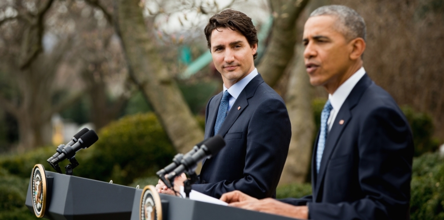Canadian Prime Minister Justin Trudeau listens as President Barack Obama speaks during a bilateral news conference in the Rose Garden of the White House in Washington, March 10, 2016. (AP Photo/Andrew Harnik)