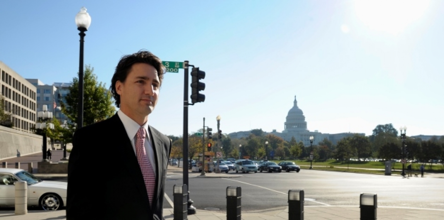 Canadian Liberal Leader Justin Trudeau arrives to speak to reporters during his first official visit to Washington. (AP Photo/Susan Walsh)