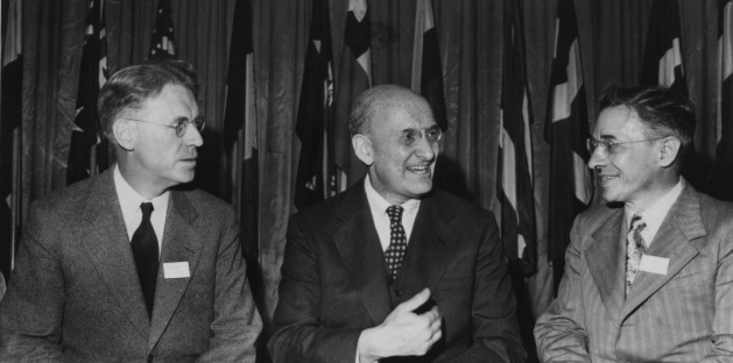 J.L. Ilsley, Canadian finance minister, U.S. secretary of treasury, Henry Morgenthau Jr., president of the conference and M.S. Stepanov, deputy people's commissar of foreign trade of the Soviet Union, from left to right, are pictured conversing during the United Nations Monetary and Financial Conference July 2, 1944. (AP Photo)