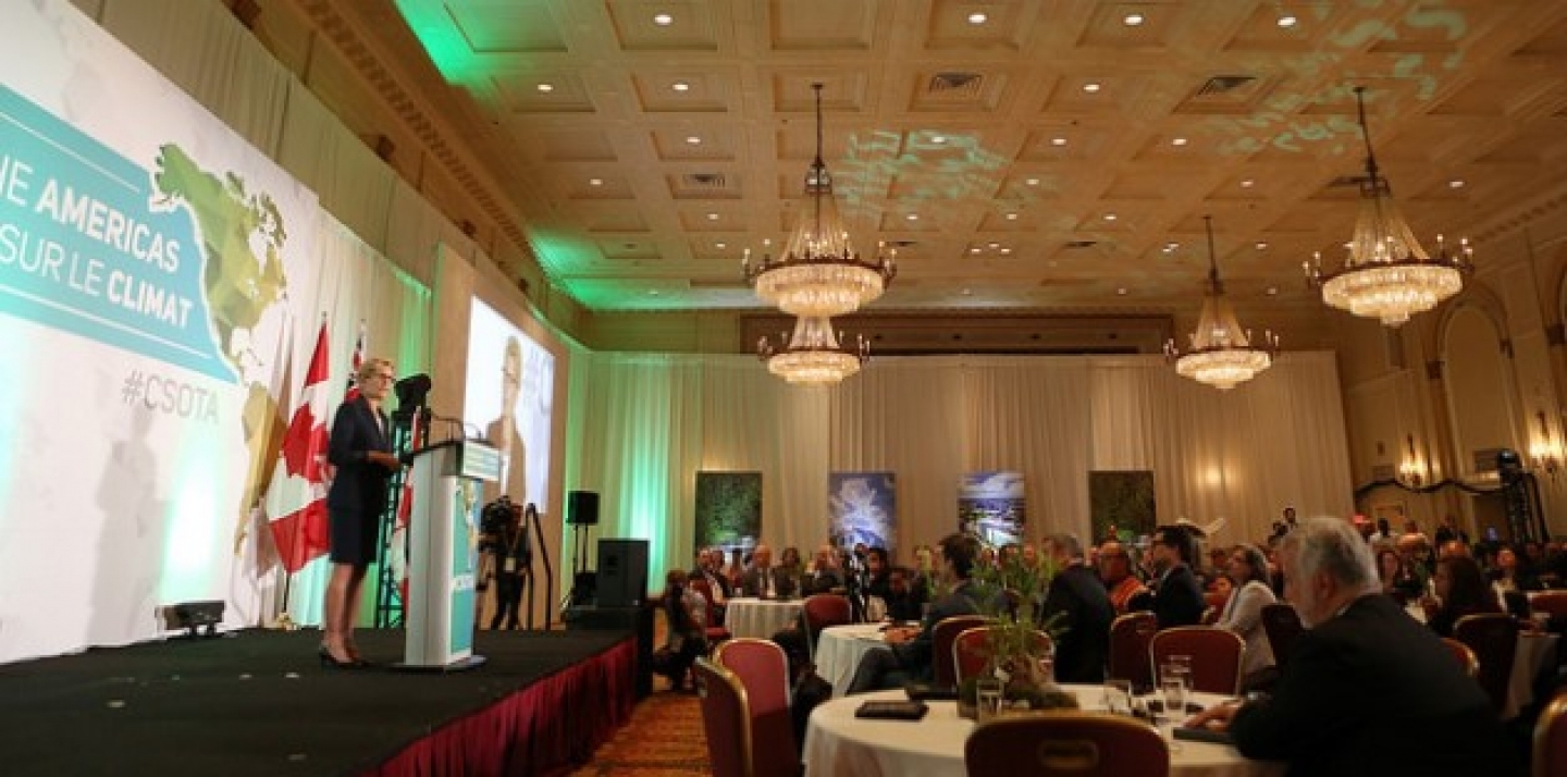 Premier Wynne delivers a speech at the Climate Summit of the Americas. (Queen's Printer for Ontario, 2015)