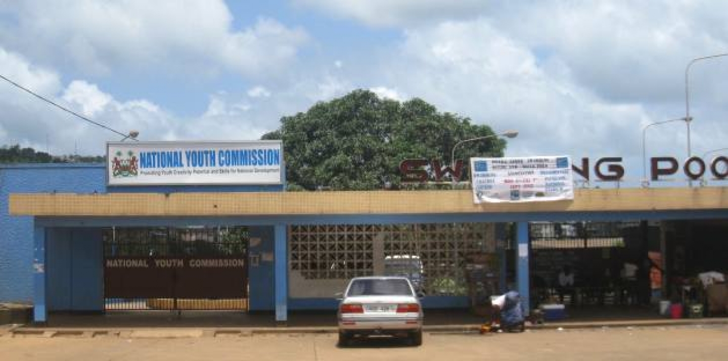 The National Youth Commission; the office was recently constructed inside an emptied outdoor pool at the National Stadium in Freetown (Michael Lawrence).
