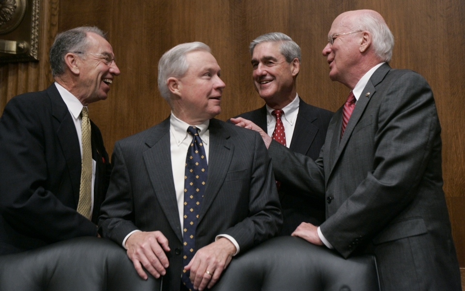 Senate Judiciary Committee Committee member Patrick Leahy, right, talks with, from left, Senator Charles Grassley, then-Senator Jeff Sessions, and then-FBI Director Robert Mueller on Capitol Hill in 2009, prior to Mueller testifying before the committee's FBI oversight hearing (AP Photo/Susan Walsh)