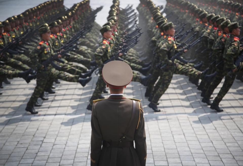 Soldiers march across Kim Il Sung Square during a military parade on April 15, 2017, in Pyongyang, North Korea. (AP Photo/Wong Maye-E)