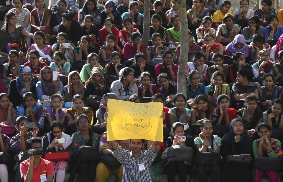 In 2015, Indian students gathered to protest against Facebook’s "Free Basics" in Hyderabad, India. The program provided access only to certain pre-approved services - including Facebook — rather than the full Internet.(AP Photo/Mahesh Kumar)