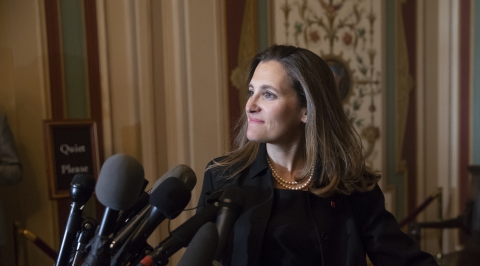 Canadian Minister of Foreign Affairs Chrystia Freeland speaks with reporters after meeting with the US Senate Foreign Relations Committee on June 13, 2018.