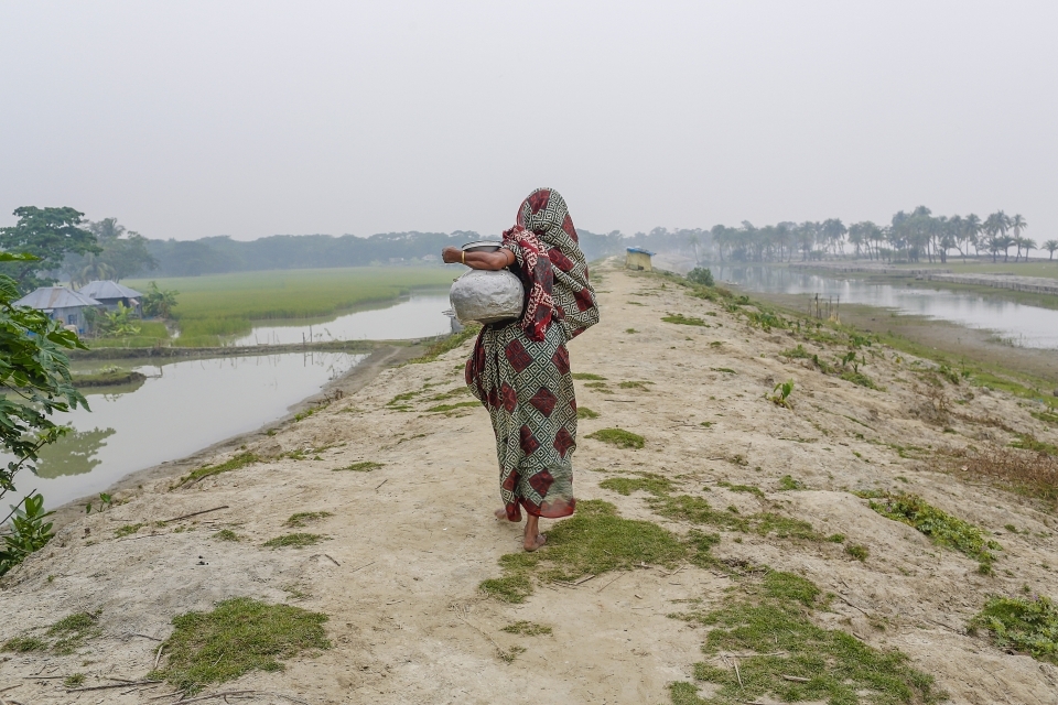 A woman walks on a dam built by the government in the island district of Bhola, where the Meghna River spills into the Bay of Bengal, Bangladesh. (AP Photo/Shahria Sharmin)
