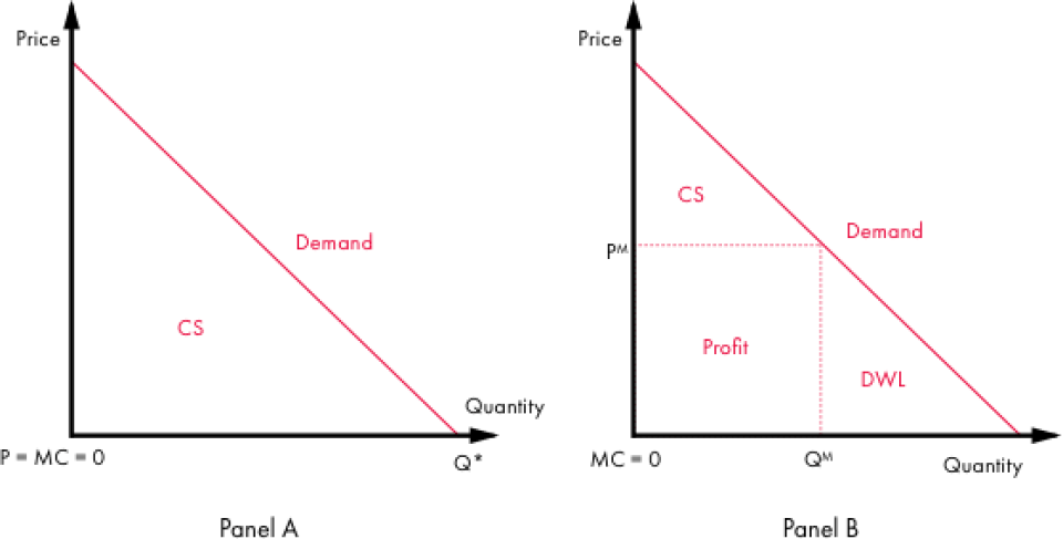 Source: Graphic provided by author. Notes: In Panel A, due to competition from imitators, consumers receive the knowledge good at a price zero, and the entire area under the demand curve is the consumers’ surplus (CS). In Panel B, consumers pay the monopoly price. This constitutes a transfer from consumers to the innovator, who makes a profit. The economy suffers DWL due to some consumers no longer consuming the good.
