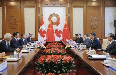 China's President Xi Jinping and Canada's Prime Minister Justin Trudeau hold their meeting at the Diaoyutai State Guesthouse in Beijing, China on Aug. 31, 2016. (Wu Hong/Pool Photo via AP)