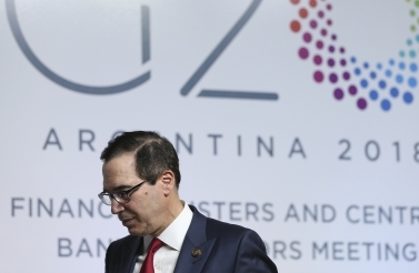 US Treasury Secretary Steven Mnuchin at the G20 finance ministers and central bankers summit in Buenos Aires on March 20, 2018. (AP Photo/Natacha Pisarenko)