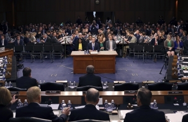 Facebook CEO Mark Zuckerberg testifies before a joint hearing of the Commerce and Judiciary Committees on Capitol Hill in Washington, April 10, 2018. (Win McNamee/Pool Photo via AP)