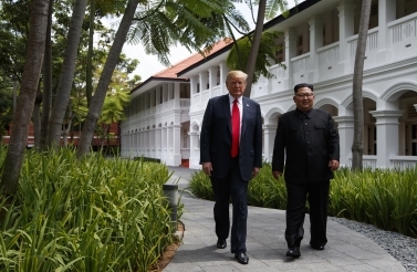 President Donald Trump meets with North Korean leader Kim Jong Un on Sentosa Island on June 12, 2018, in Singapore. (AP Photo/Evan Vucci)