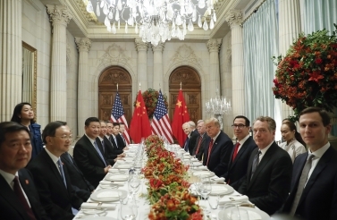 US President Donald Trump with China's President Xi Jinping and members of their official delegations during their bilateral meeting at the G20 Summit, December 1, 2018 in Buenos Aires, Argentina. (AP Photo/Pablo Martinez Monsivais)