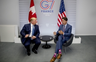Canadian Prime Minister Justin Trudeau and US President Donald Trump during a bilateral meeting at the G7 summit in Biarritz, France on August 25, 2019. (AP Photo/Andrew Harnik)