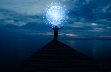 Circle global network connection in hands on night sky background