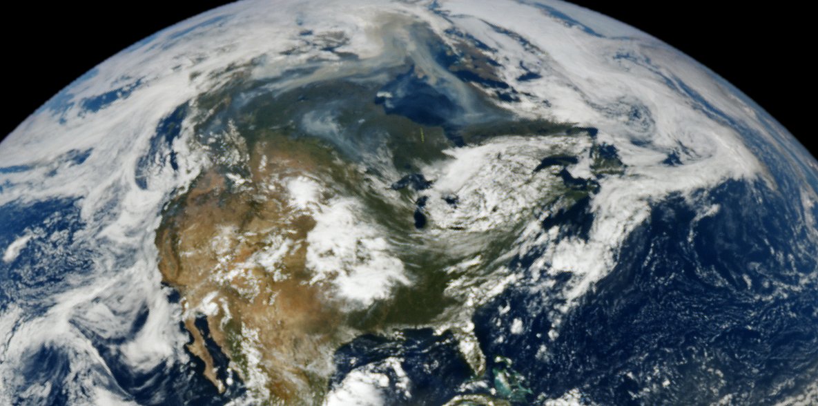 An August 2024 satellite image from space shows smoke stacks created by wildfires in the forests of northern Canada. Occurring with greater frequency and intensity in recent years, wildfires have been the subject of climate misinformation and conspiracy theories online. (NASA Earth Observatory/Cover Ima via Reuters Connect)