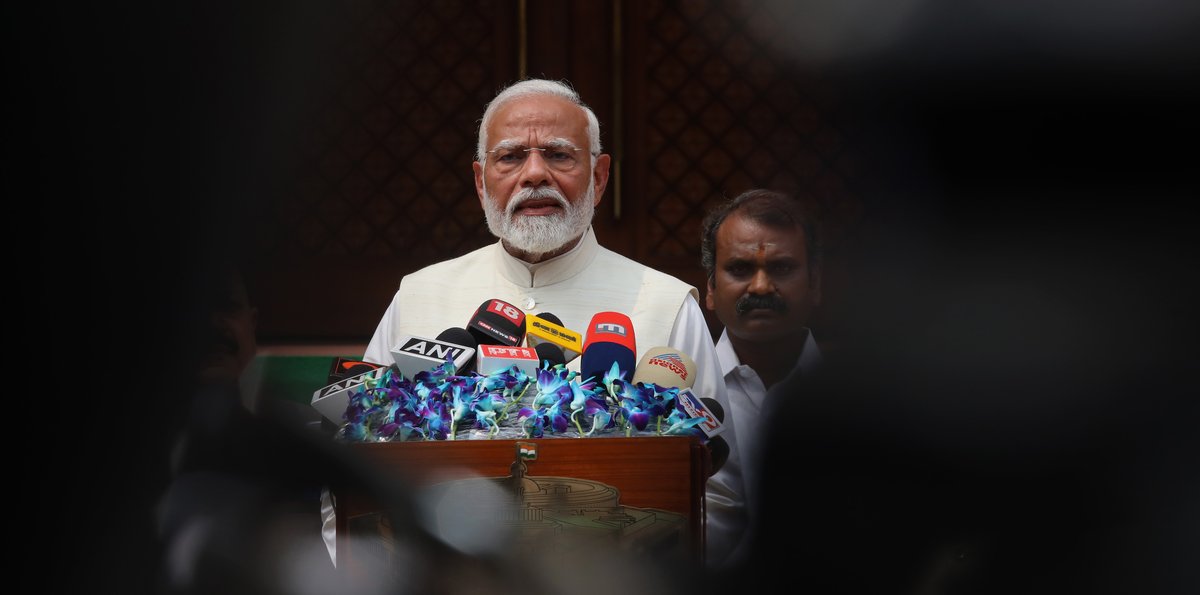 Indian Prime Minister Narendra Modi addresses the media at the Parliament House complex on the first day of the first session of the 18th Lok Sabha, June 24, 2024. (REUTERS)