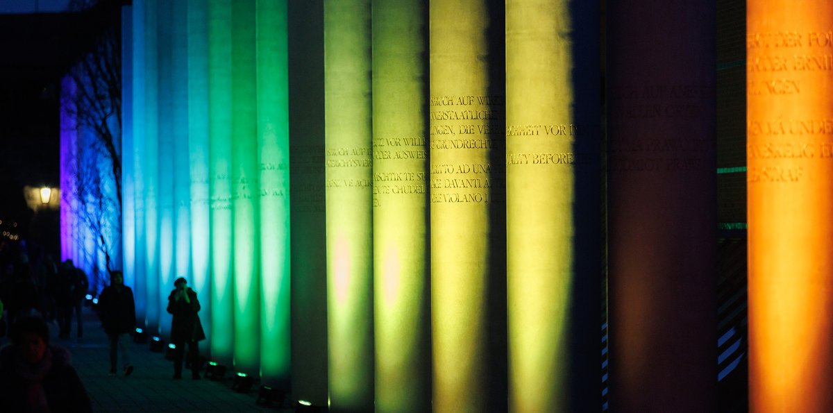 If privacy is meant to be treated as a truly fundamental right in the digital age, that will need to be reflected in domestic law, the author writes. Above, the interactive light installation “Approach,” by VEB Lichtbildklub and the Nuremberg Human Rights Office, shines on the pillars of the Street of Human Rights to mark the seventy-fifth anniversary in December 2023 of the proclamation of the Universal Declaration of Human Rights. (Daniel Karmann/dpa via Reuters Connect)