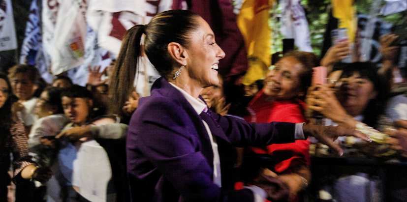 Mexican presidential candidate Claudia Sheinbaum greets her supporters on the day of the last presidential debate in Mexico City, May 19, 2024. (Quetzalli Nicte-Ha/REUTERS)